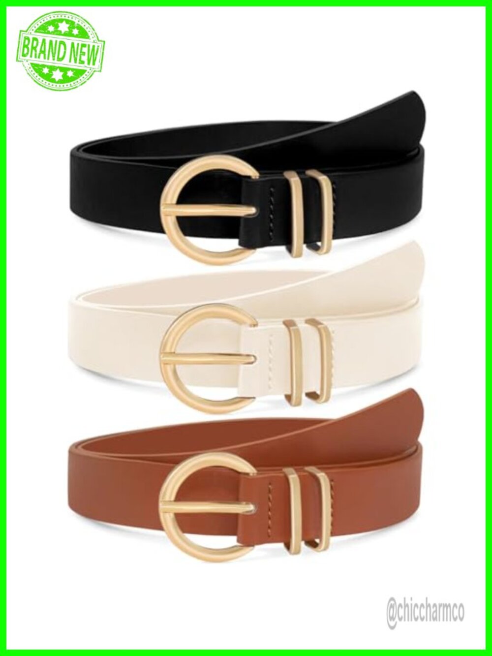 3 Pack Women's PU Leather Belts with Gold Buckle for Jeans Dresses Pants